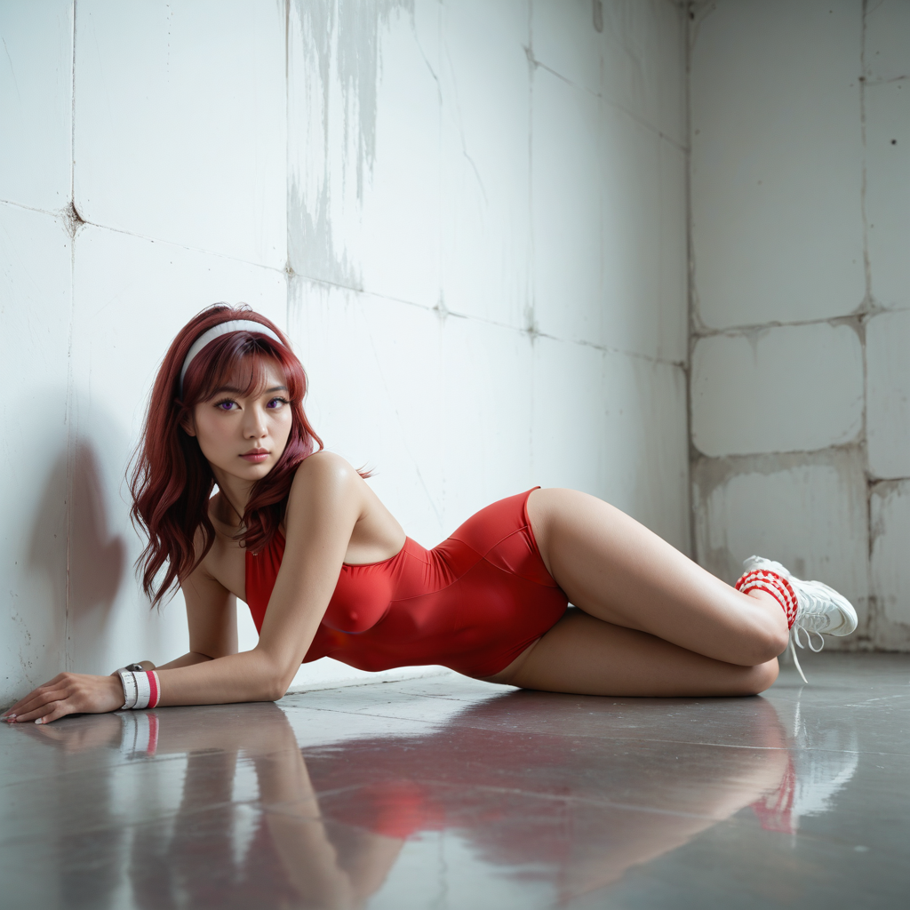 AI-generated Asian, Petite, Red wearing ms flexible, made in the DeepGoon porn generator